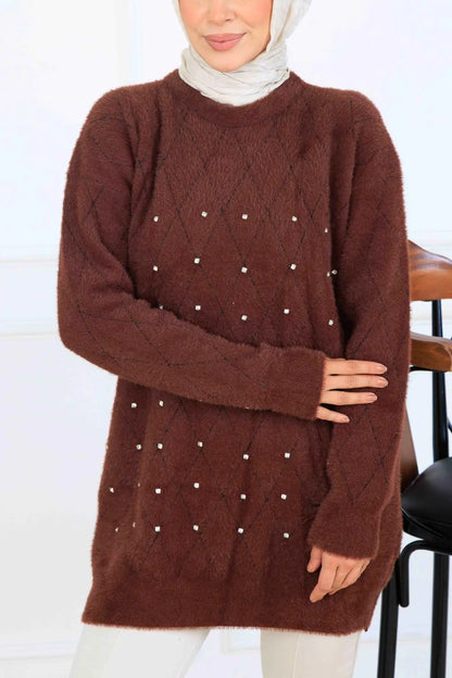 Stone-Detail Knit Tunic in Brown – NEOMODEST, image 2