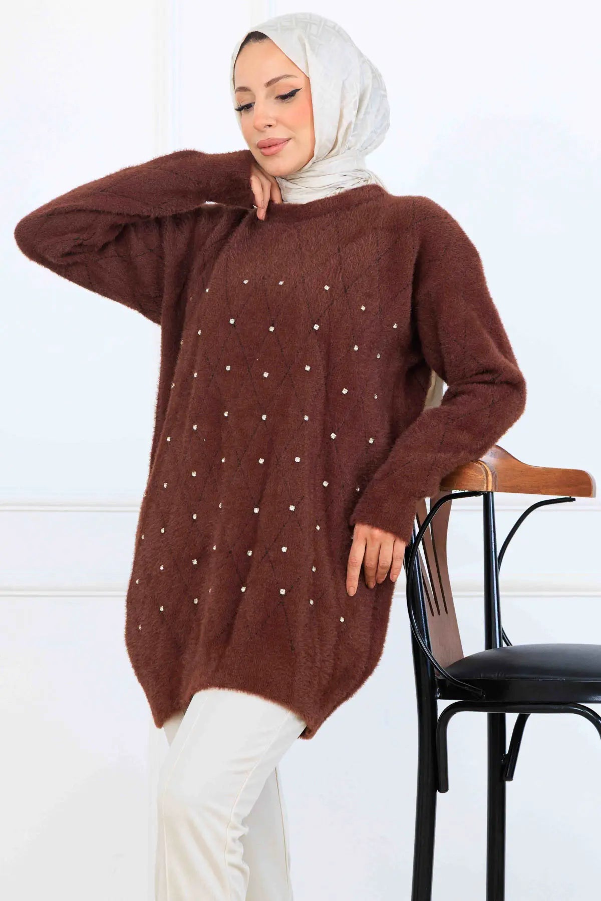 Stone-Detail Knit Tunic in Brown – NEOMODEST, image 3