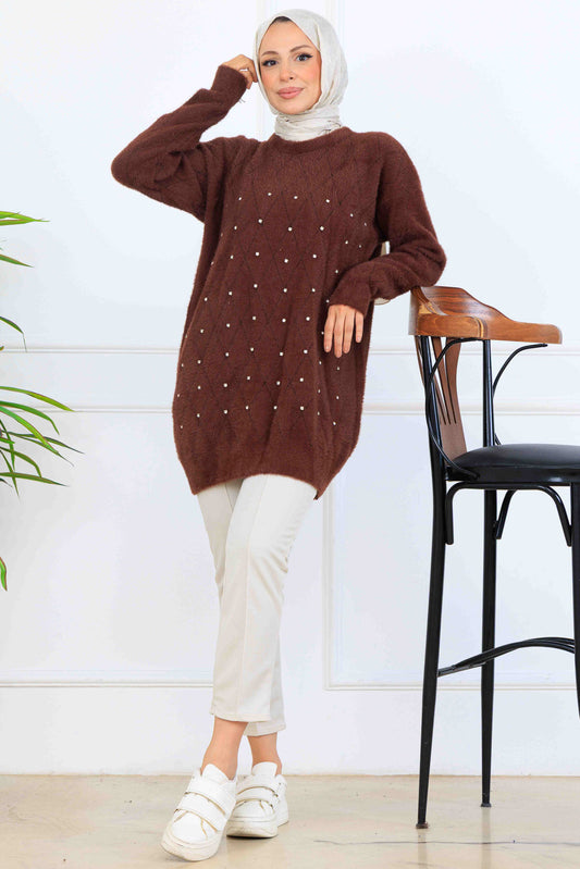 Stone-Detail Knit Tunic in Brown – NEOMODEST, image 1