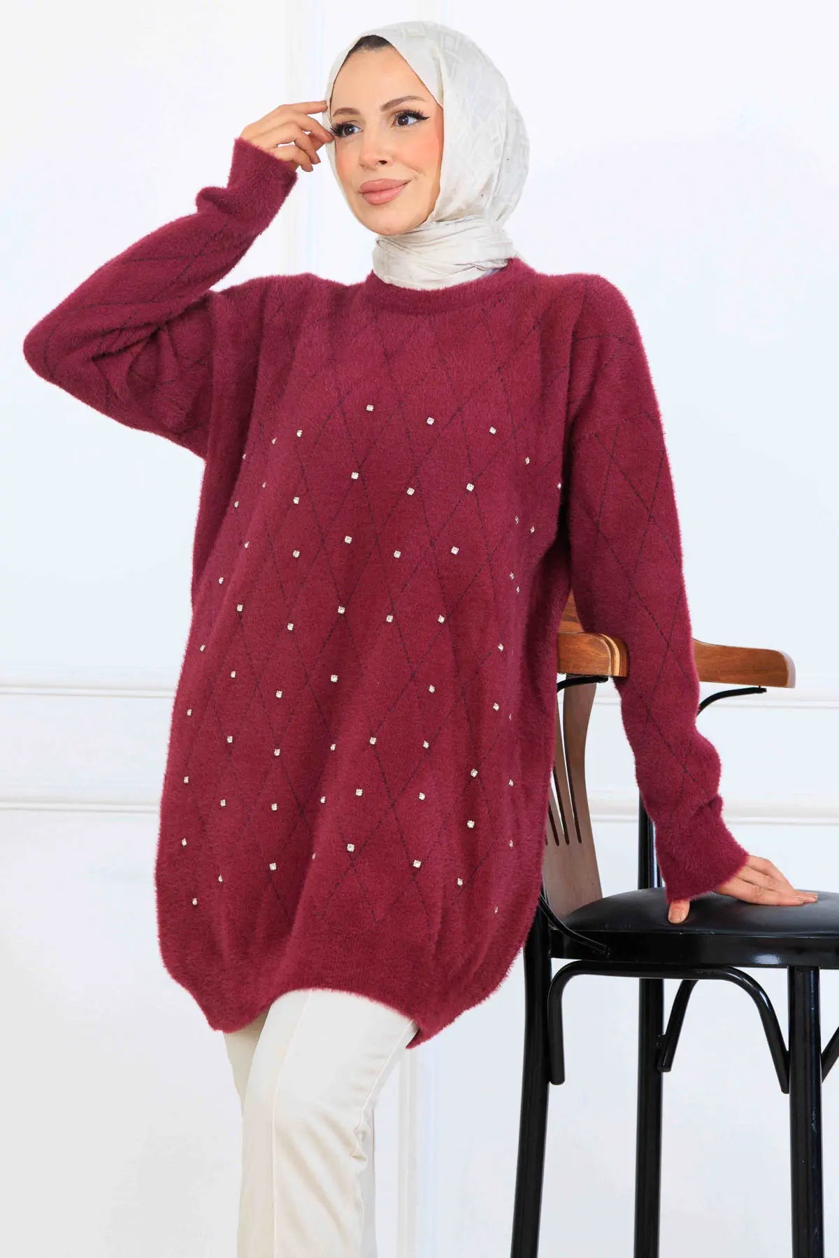 Stone-Detail Knit Tunic in Claret Red – NEOMODEST, image 2