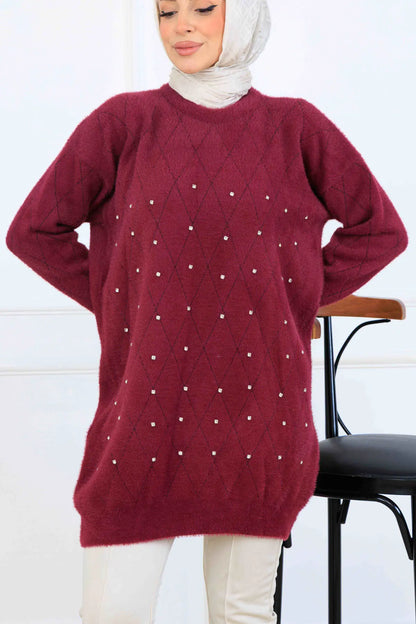 Stone-Detail Knit Tunic in Claret Red – NEOMODEST, image 3