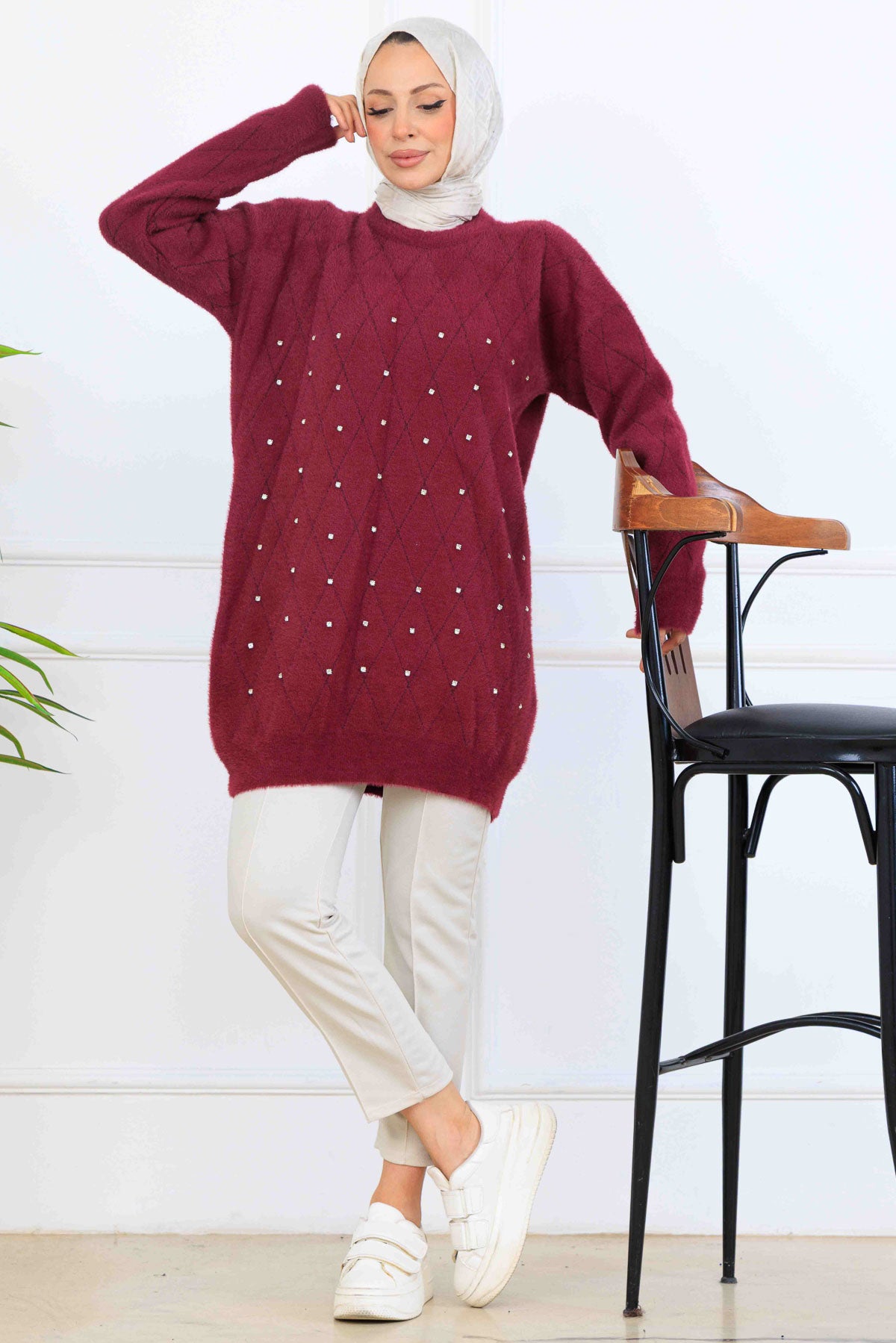Stone-Detail Knit Tunic in Claret Red – NEOMODEST, image 1
