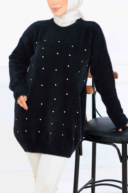 Stone-Detail Knit Tunic in Black – NEOMODEST, image 2