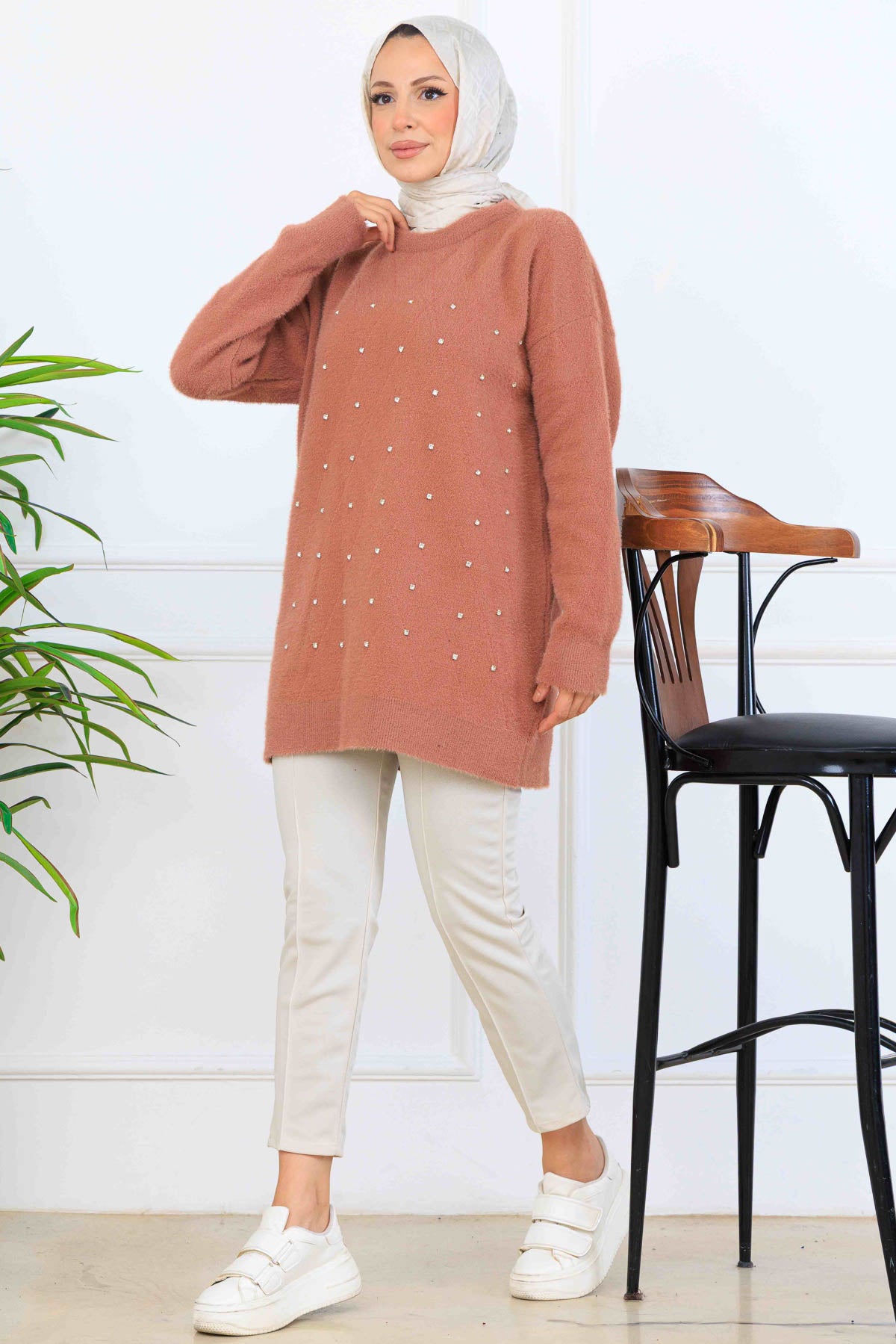 Stone-Detail Knit Tunic in Rose – NEOMODEST, image 1
