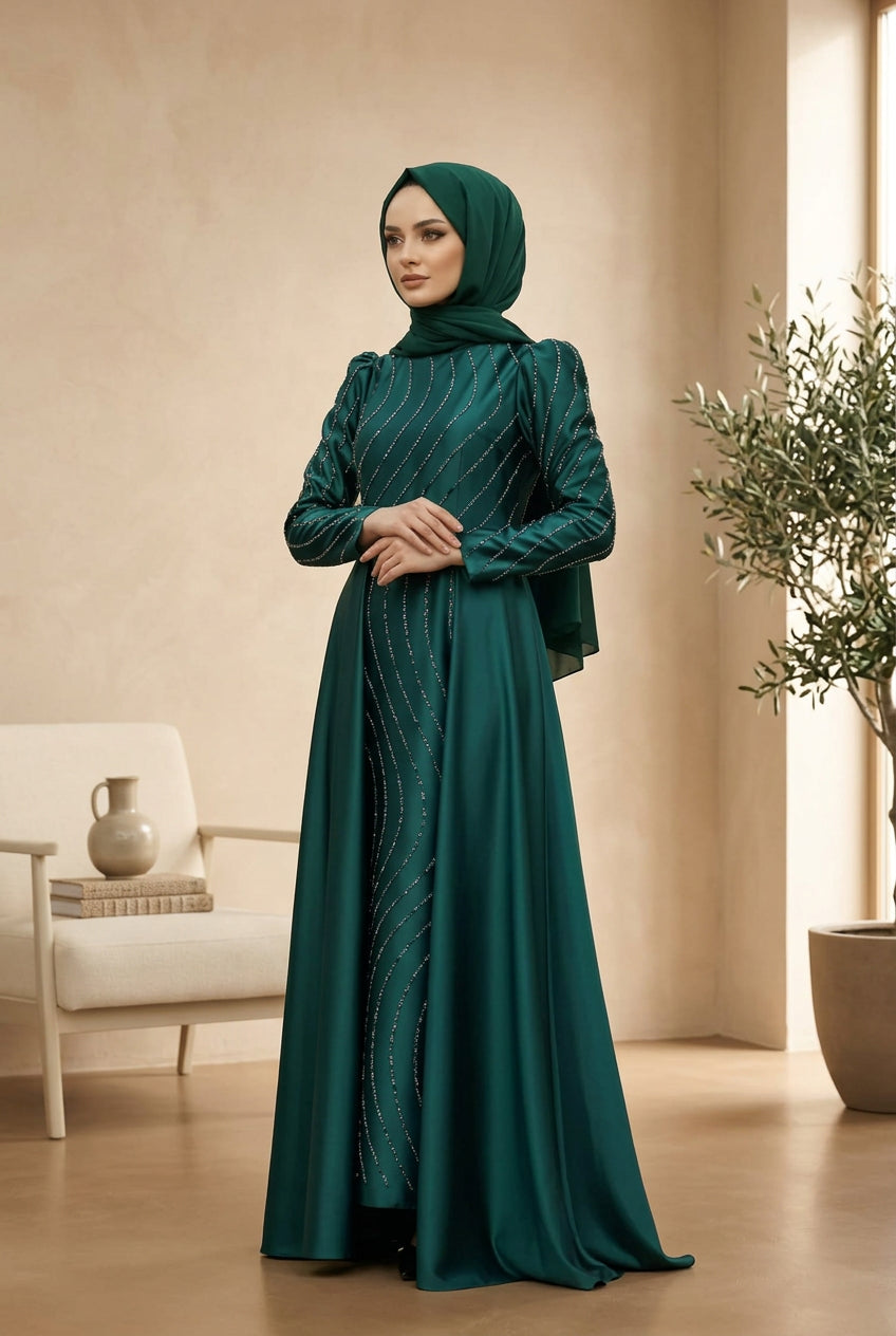 Stone Detailed Evening Dress | Emerald Green – NEOMODEST, image 3