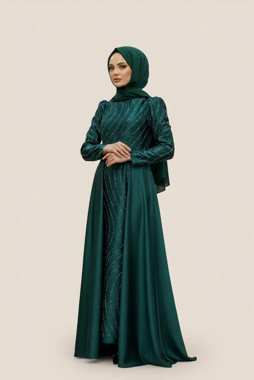 Stone Detailed Evening Dress | Emerald Green – NEOMODEST, image 1