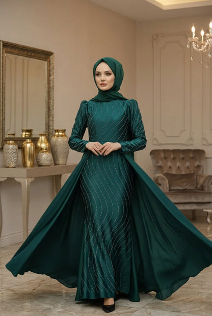 Mec Stone Detailed Satin Evening Dress Emerald Green
