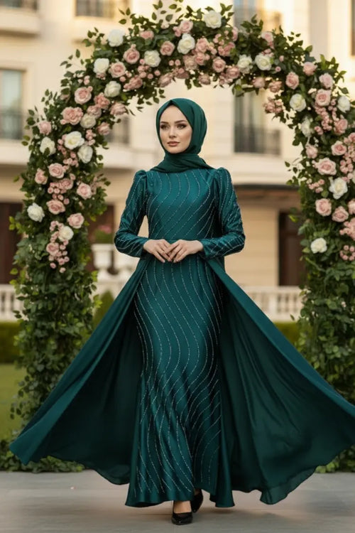 Mec Stone Detailed Satin Evening Dress Emerald Green