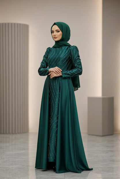 Mec Stone Detailed Satin Evening Dress Emerald Green
