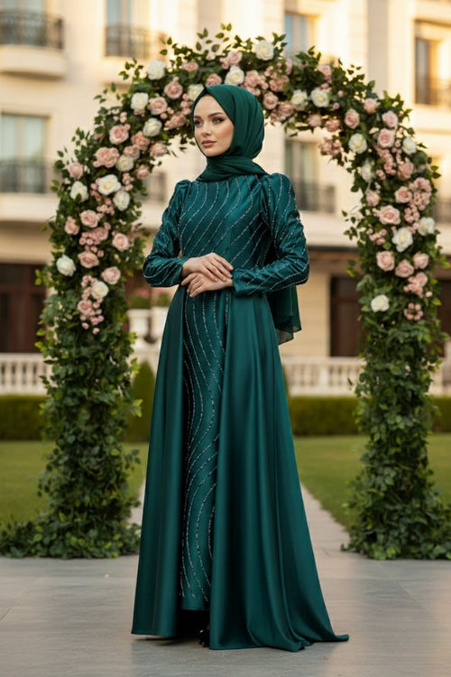 Mec Stone Detailed Satin Evening Dress Emerald Green