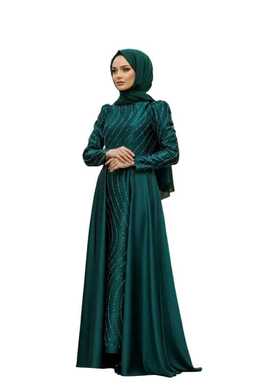Mec Stone Detailed Satin Evening Dress Emerald Green