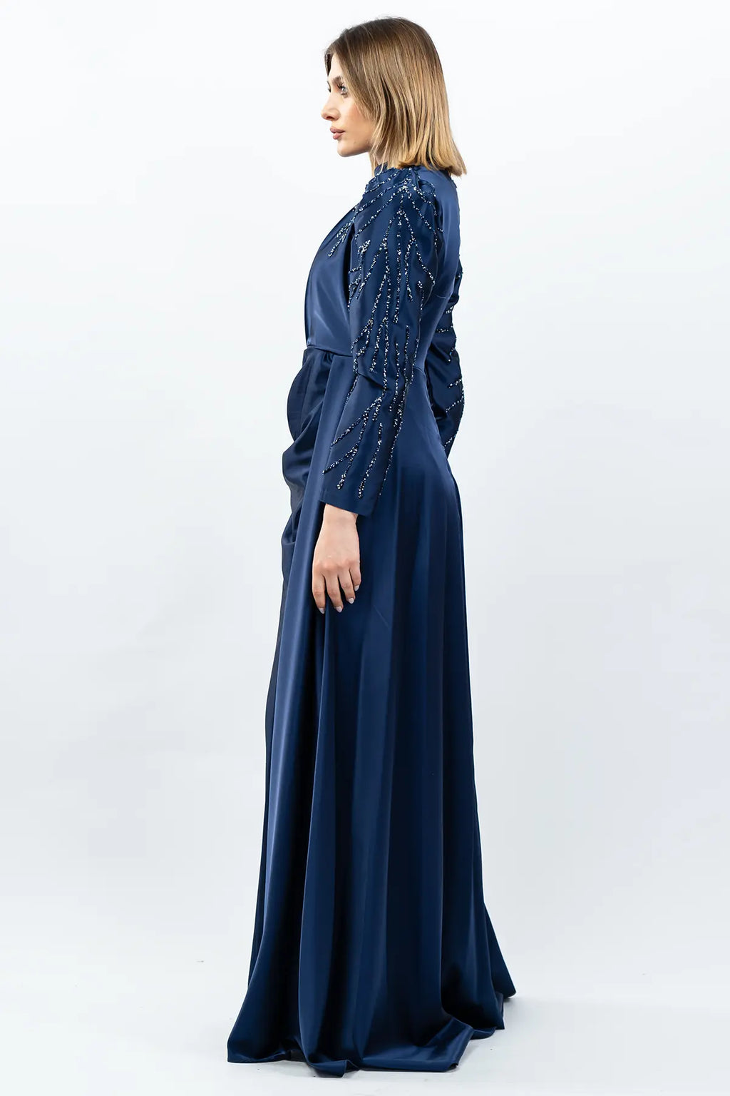 Mec Stone Detailed Satin Evening Dress Navy Blue