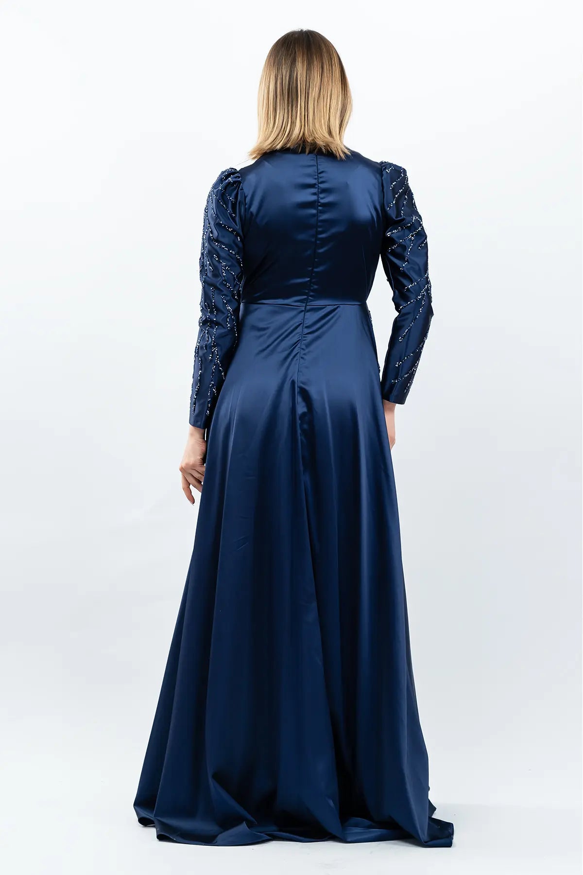 Mec Stone Detailed Satin Evening Dress Navy Blue