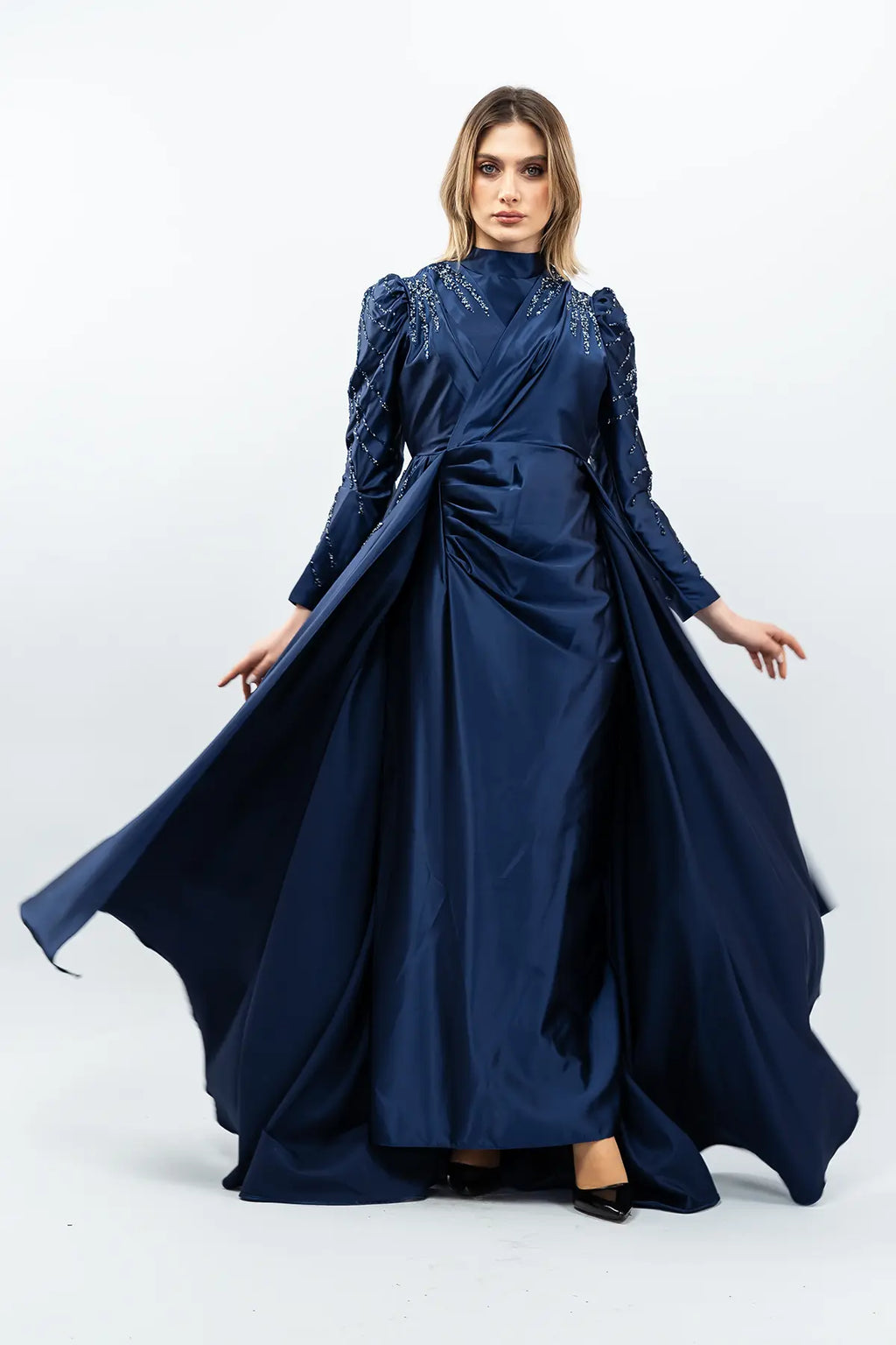 Mec Stone Detailed Satin Evening Dress Navy Blue