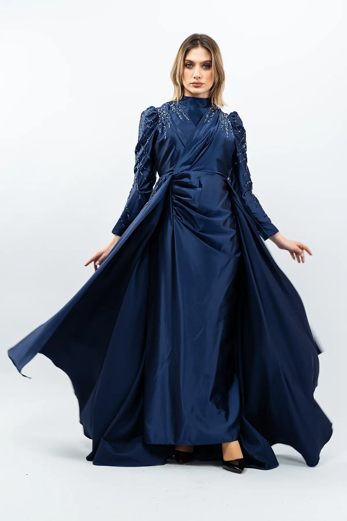 Mec Stone Detailed Satin Evening Dress Navy Blue