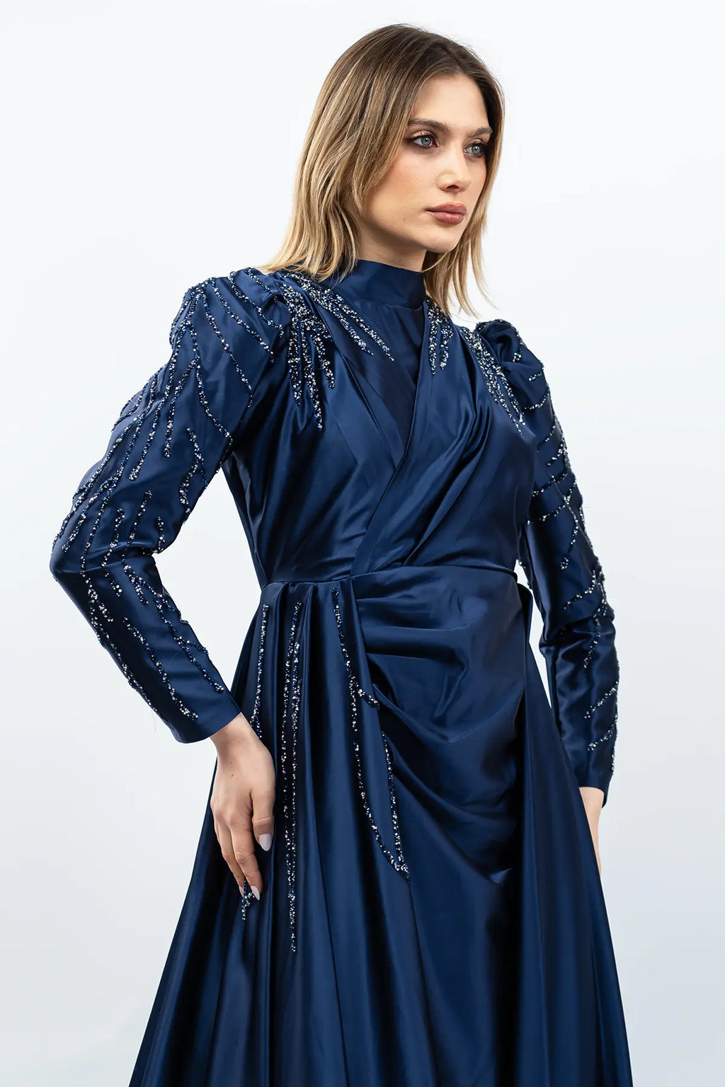 Mec Stone Detailed Satin Evening Dress Navy Blue
