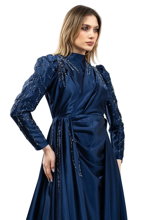 Mec Stone Detailed Satin Evening Dress Navy Blue