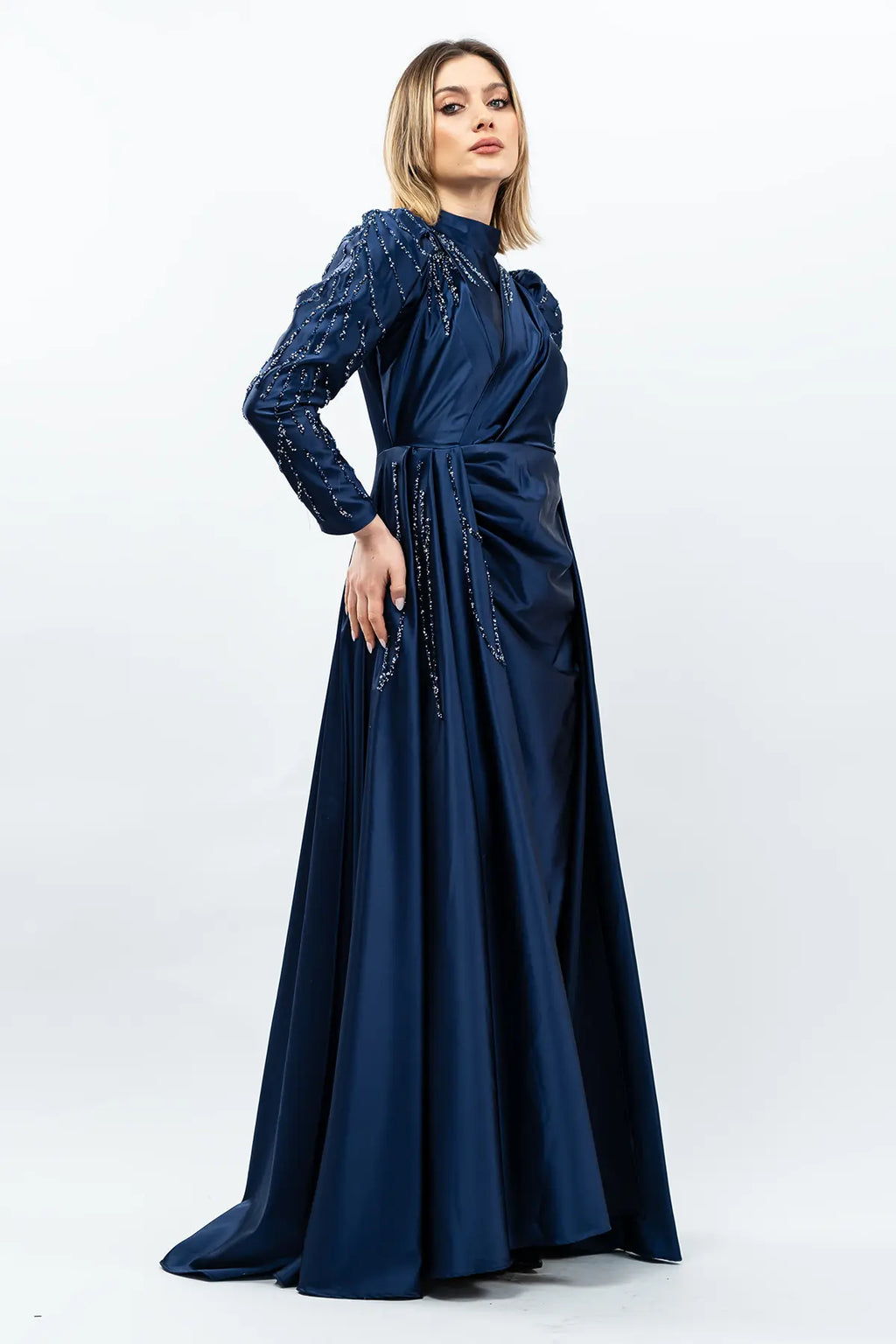 Mec Stone Detailed Satin Evening Dress Navy Blue