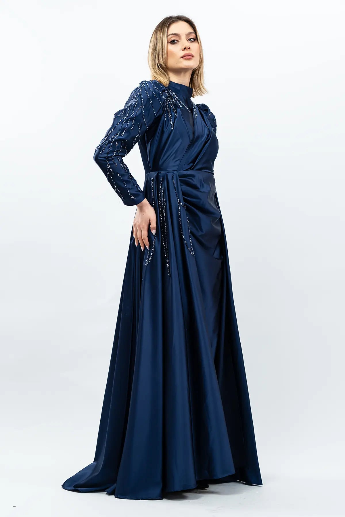Mec Stone Detailed Satin Evening Dress Navy Blue