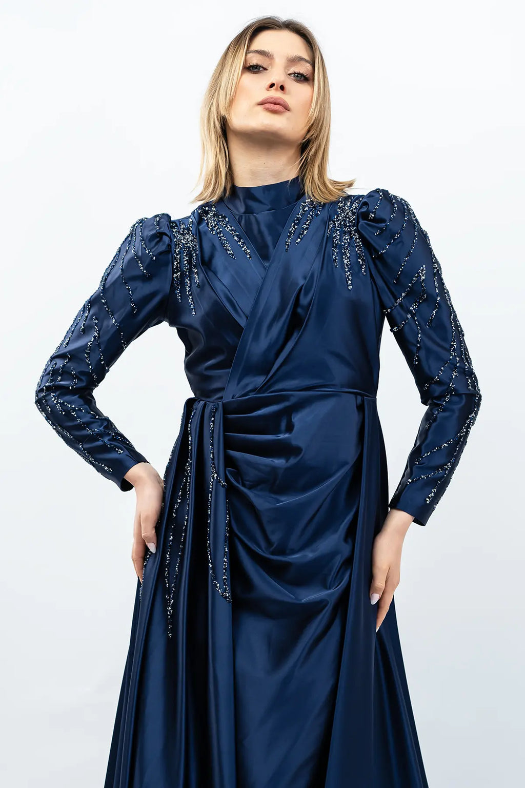 Mec Stone Detailed Satin Evening Dress Navy Blue