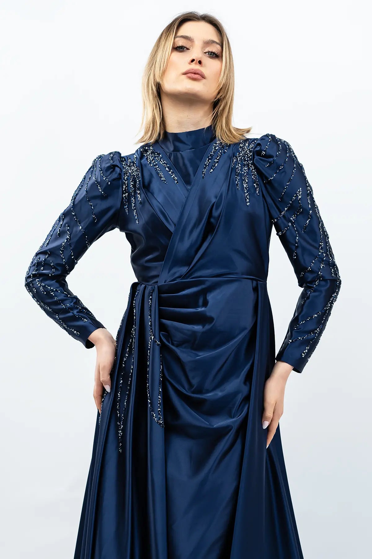 Mec Stone Detailed Satin Evening Dress Navy Blue