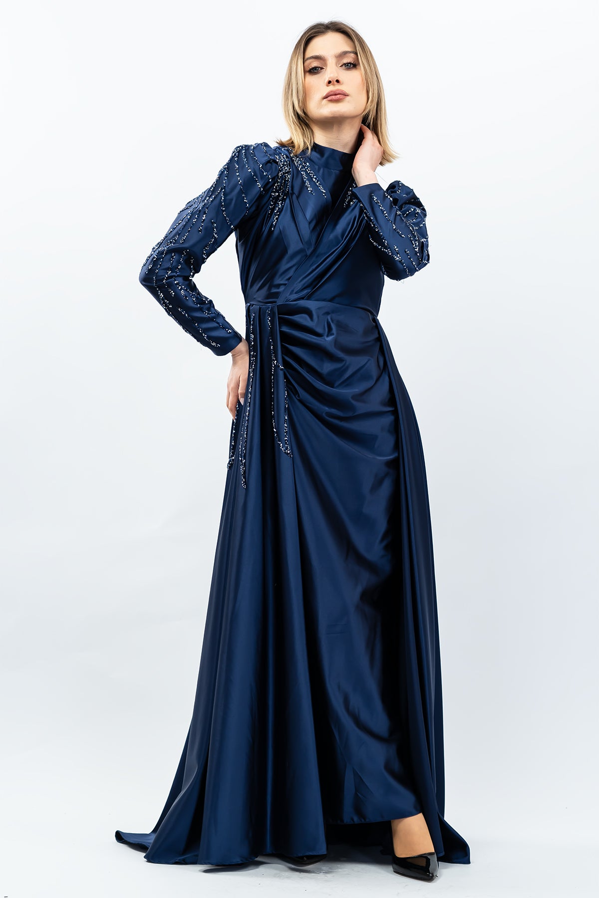 Mec Stone Detailed Satin Evening Dress Navy Blue