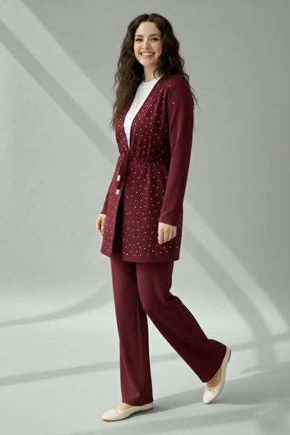 Stone Embellished Hijab Two-piece Set | Claret Red – NEOMODEST product image 3