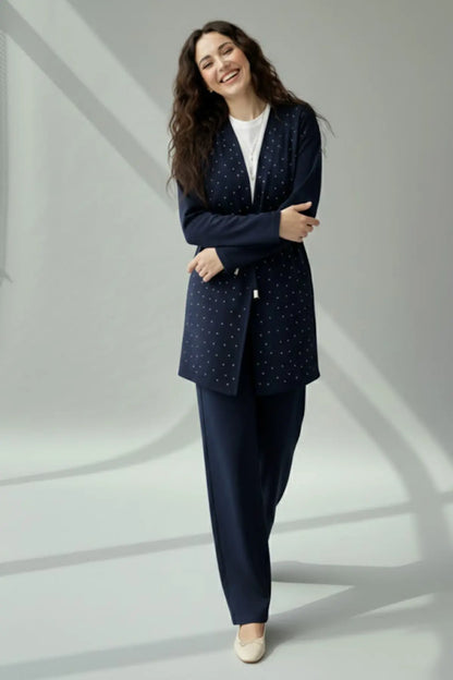 Stone Embellished Hijab Two-piece Set | Navy Blue – NEOMODEST product image 3