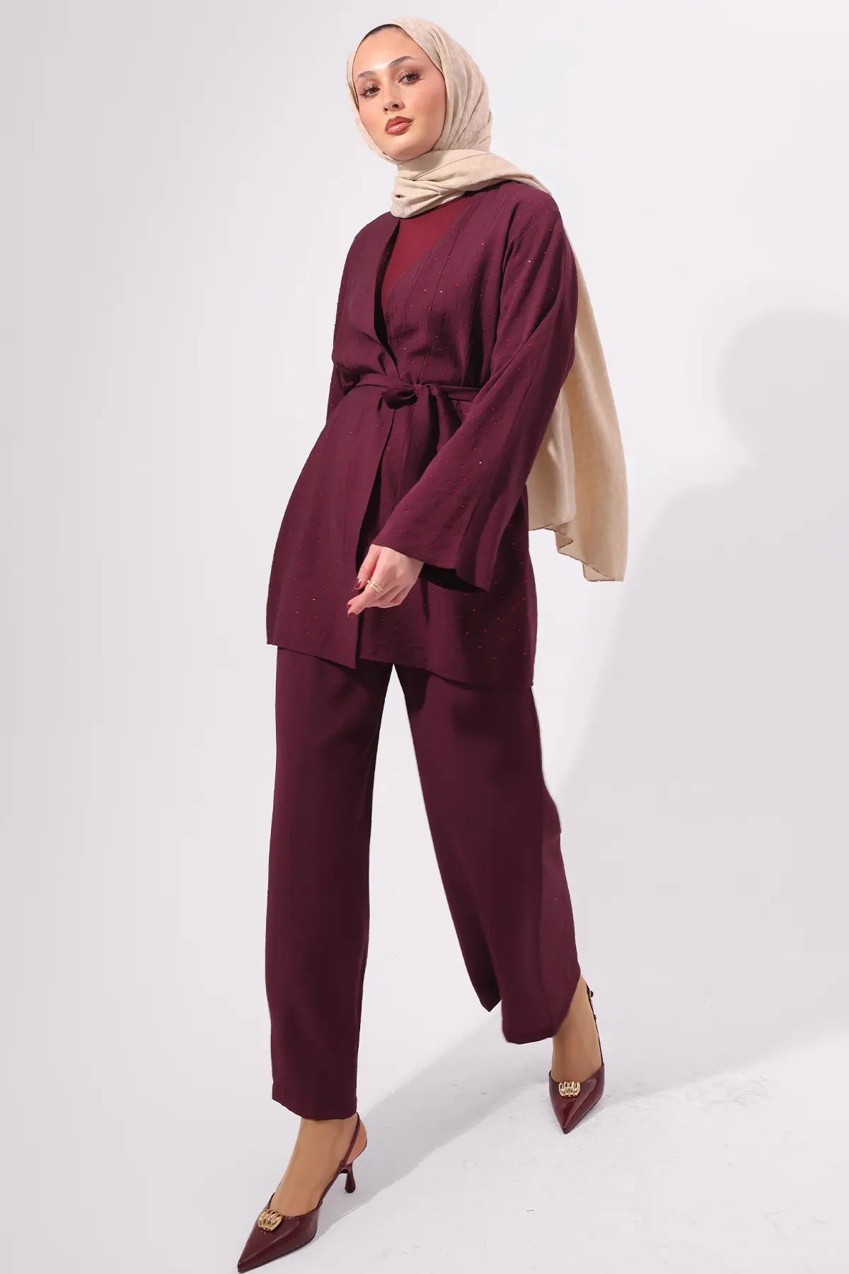 Stone Embellished Two-piece Set | Claret Red – NEOMODEST product image 2