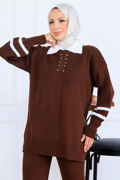 Stone-Embellished Knitwear Set in Brown – NEOMODEST, image 3