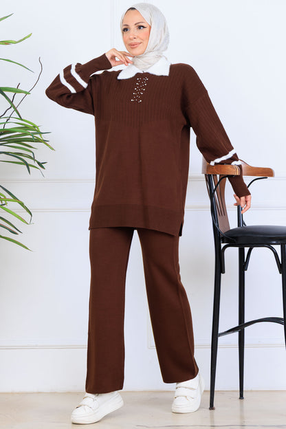Stone-Embellished Knitwear Set in Brown – NEOMODEST, image 1