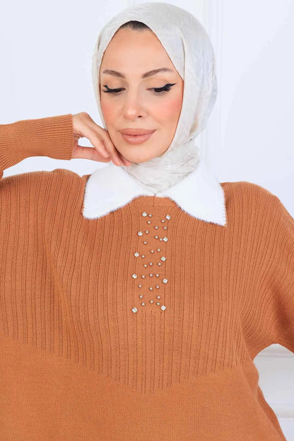 Stone-Embellished Knitwear Set in Orange – NEOMODEST, image 2