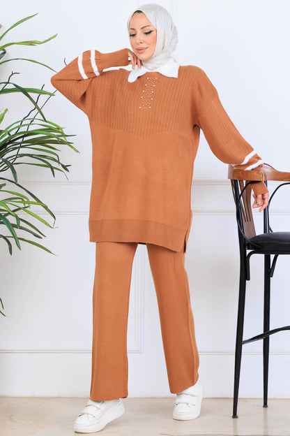 Stone-Embellished Knitwear Set in Orange – NEOMODEST, image 1