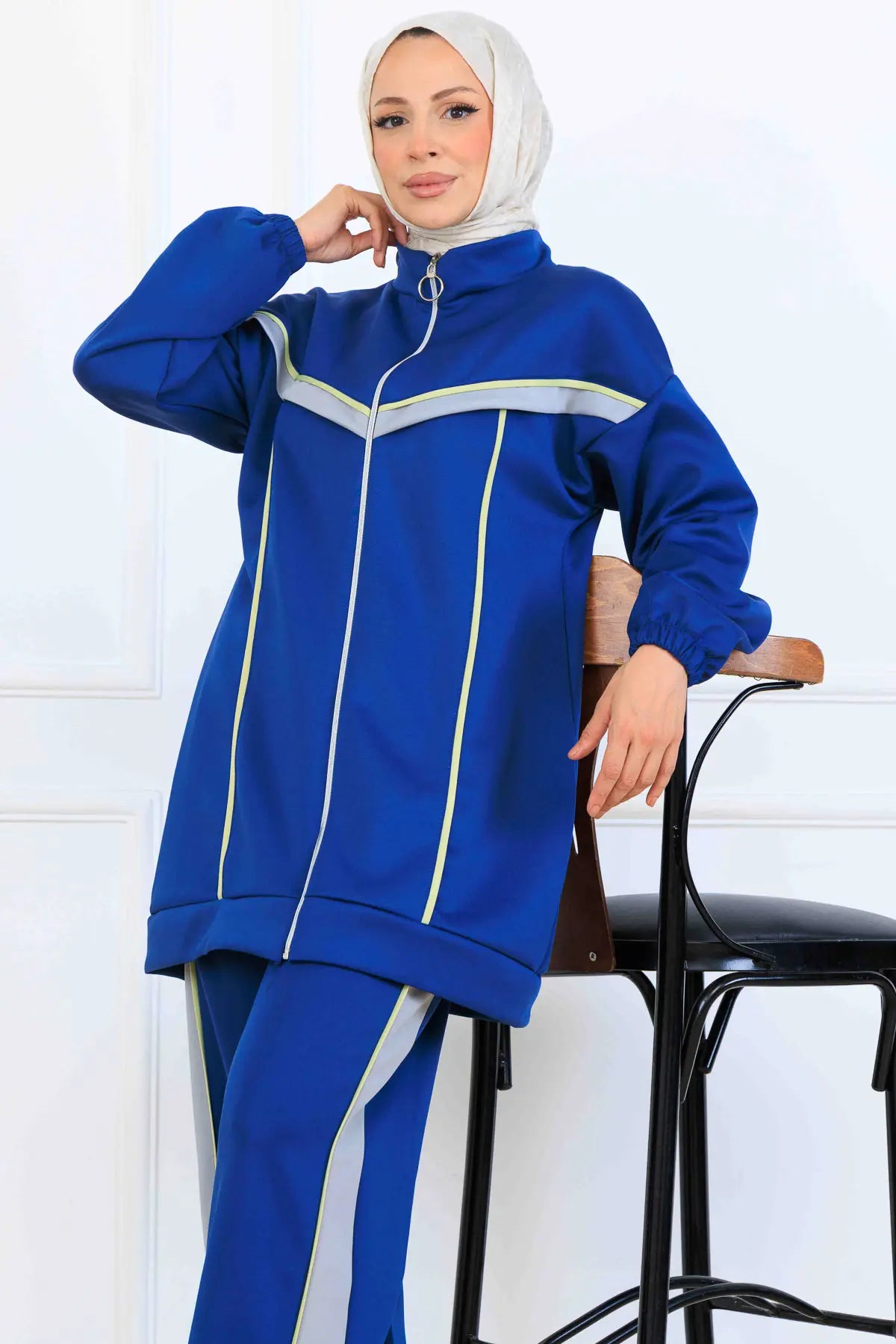 Striped Detailed Scuba Two Piece Suit | Sax Blue – NEOMODEST, image 2