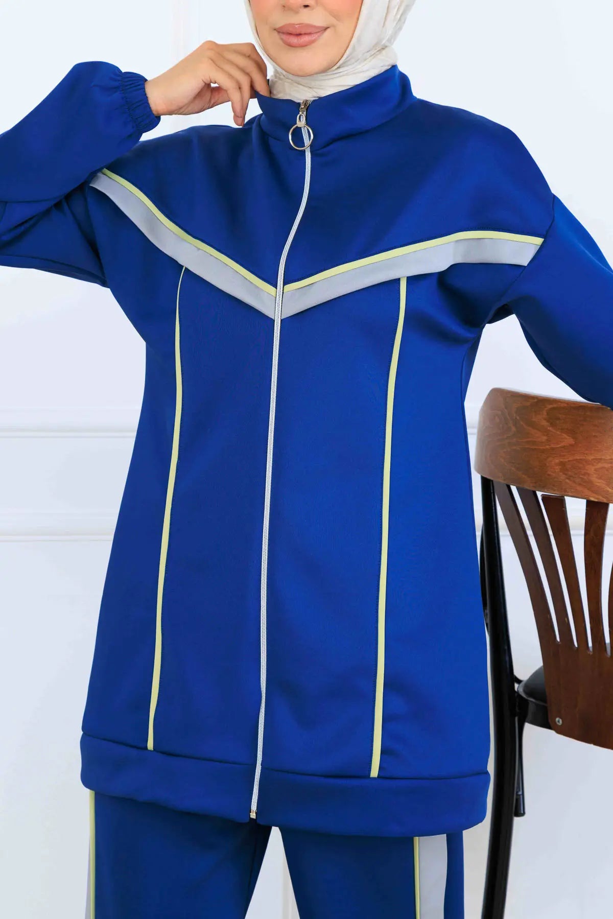 Striped Detailed Scuba Two Piece Suit | Sax Blue – NEOMODEST, image 4
