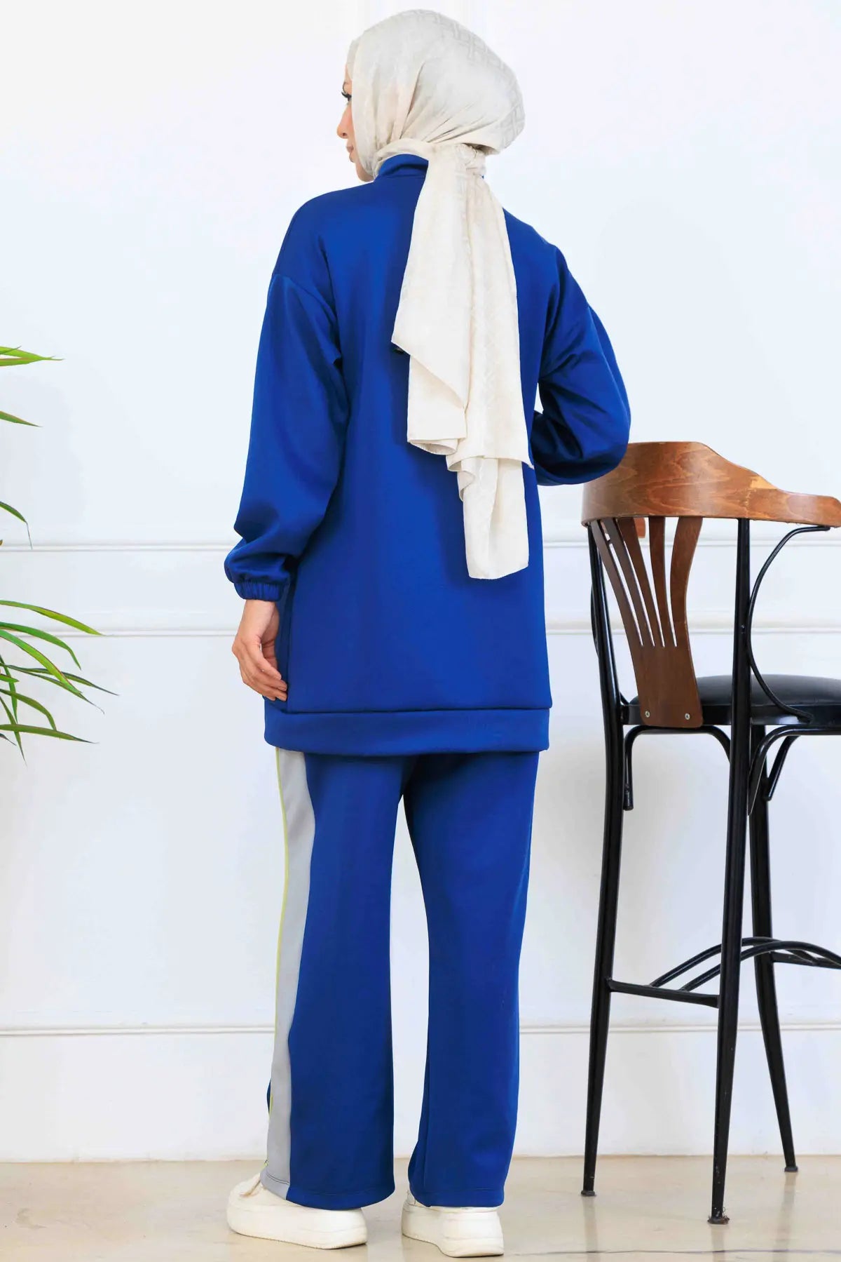 Striped Detailed Scuba Two Piece Suit | Sax Blue – NEOMODEST, image 5