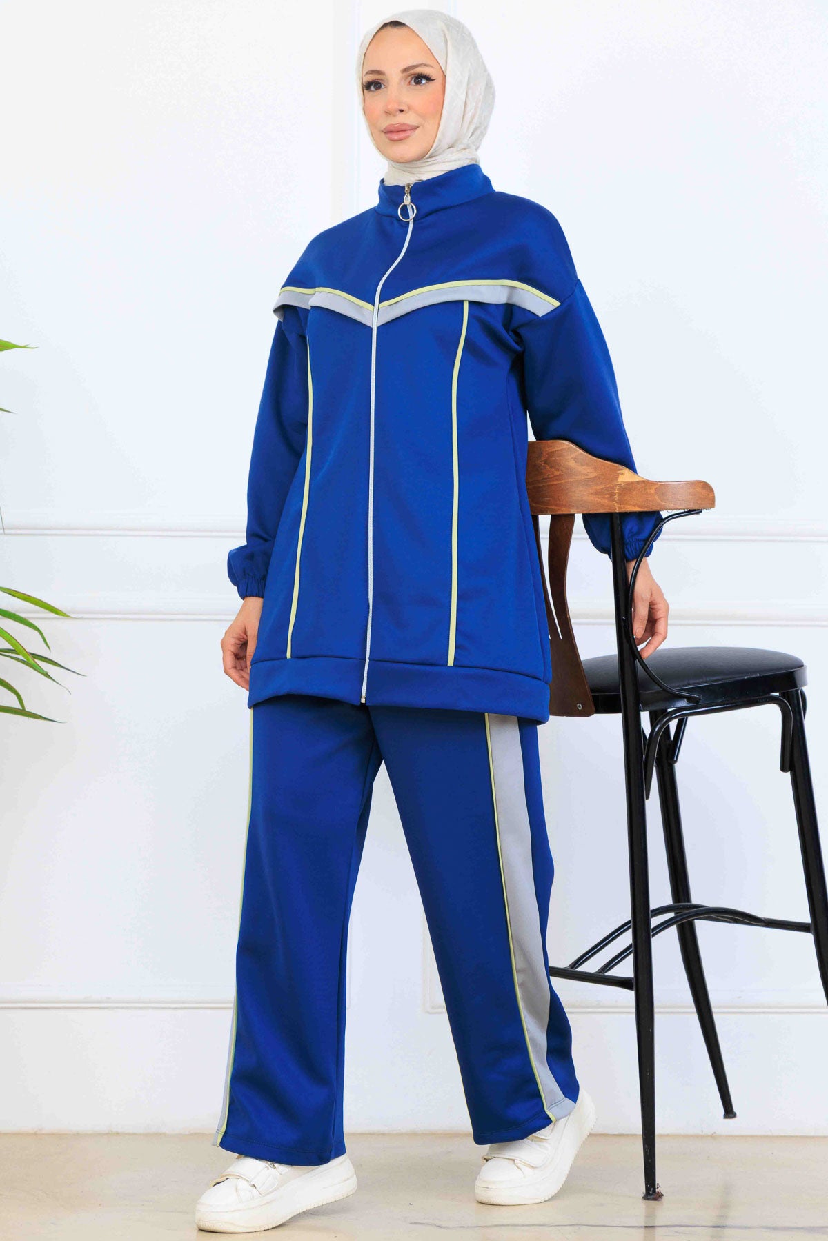Striped Detailed Scuba Two Piece Suit | Sax Blue – NEOMODEST, image 1