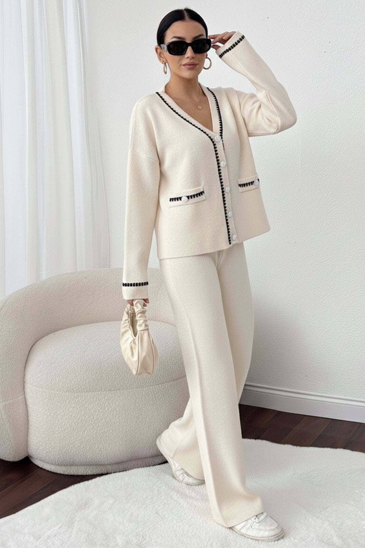 Striped Jacket Co-ord Set in Beige – NEOMODEST, image 1