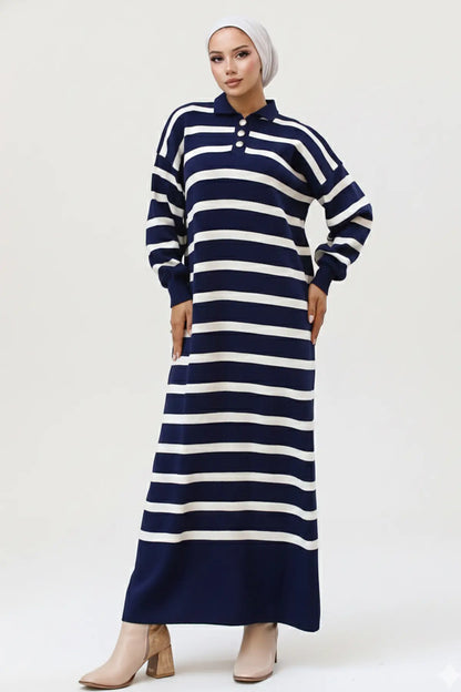 Mec Striped Knit Dress With Button Detail On The Collar