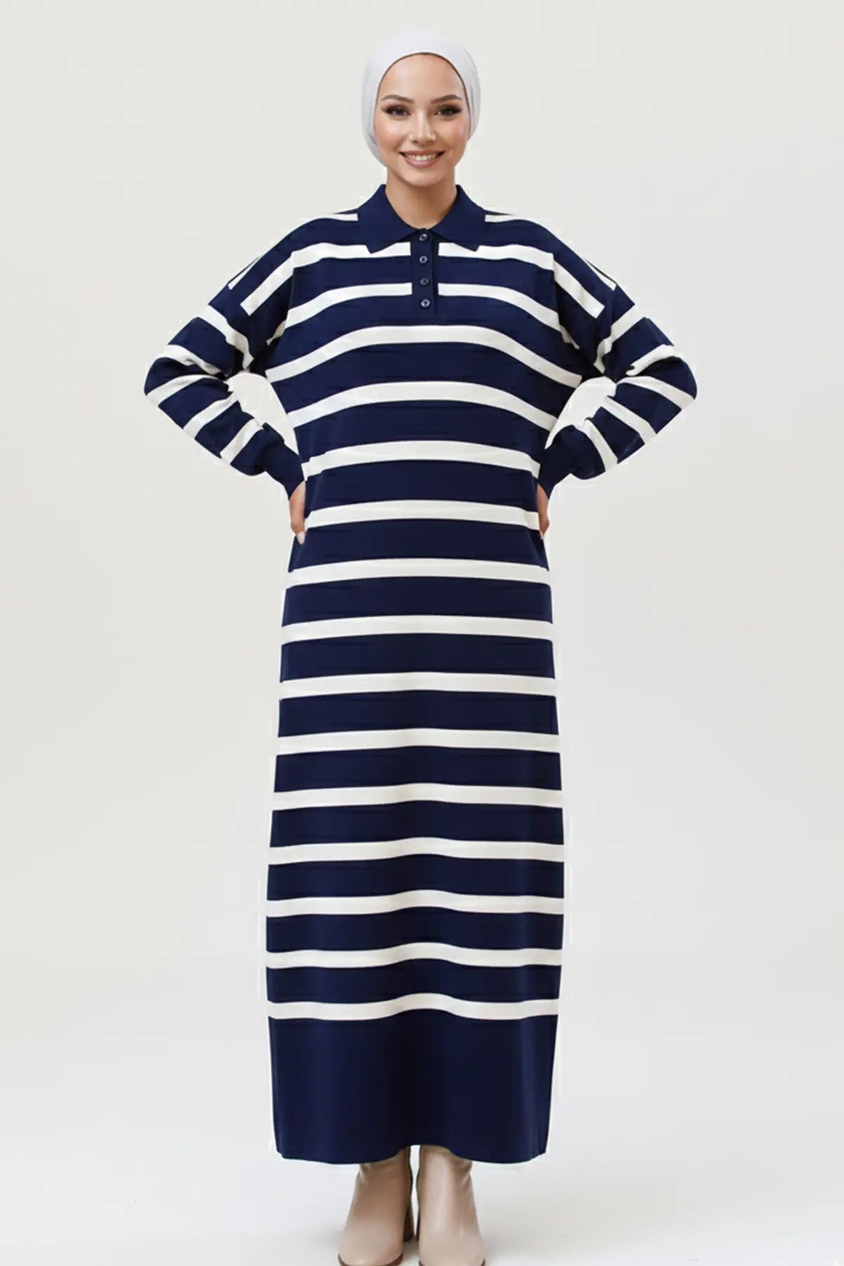 Mec Striped Knit Dress With Button Detail On The Collar