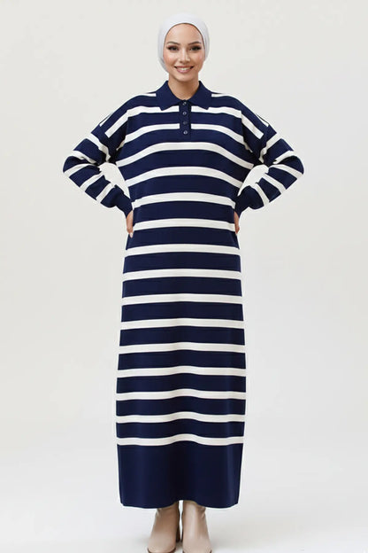 Mec Striped Knit Dress With Button Detail On The Collar