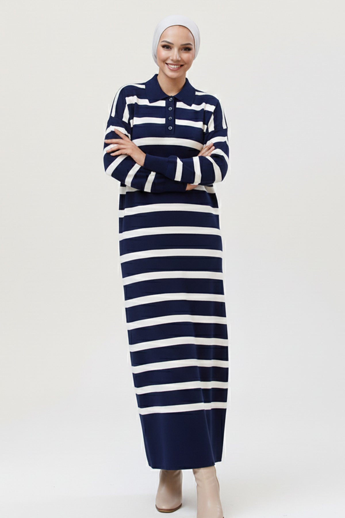 Mec Striped Knit Dress With Button Detail On The Collar