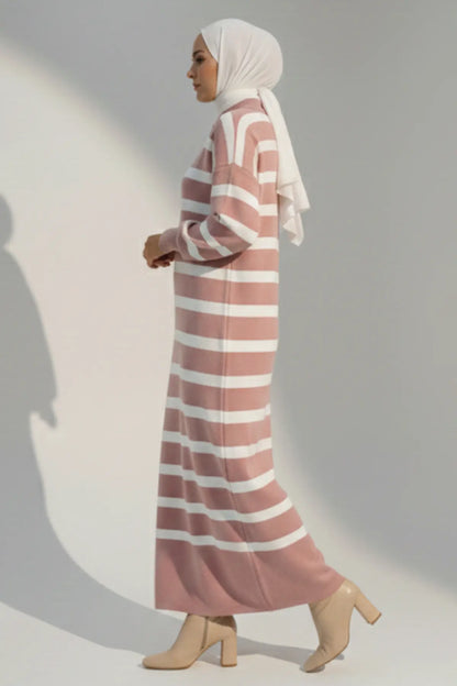 Mec Striped Knit Dress With Button Detail On The Collar