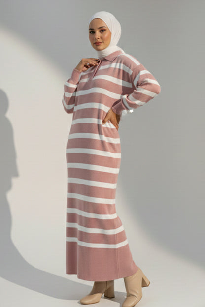 Mec Striped Knit Dress With Button Detail On The Collar