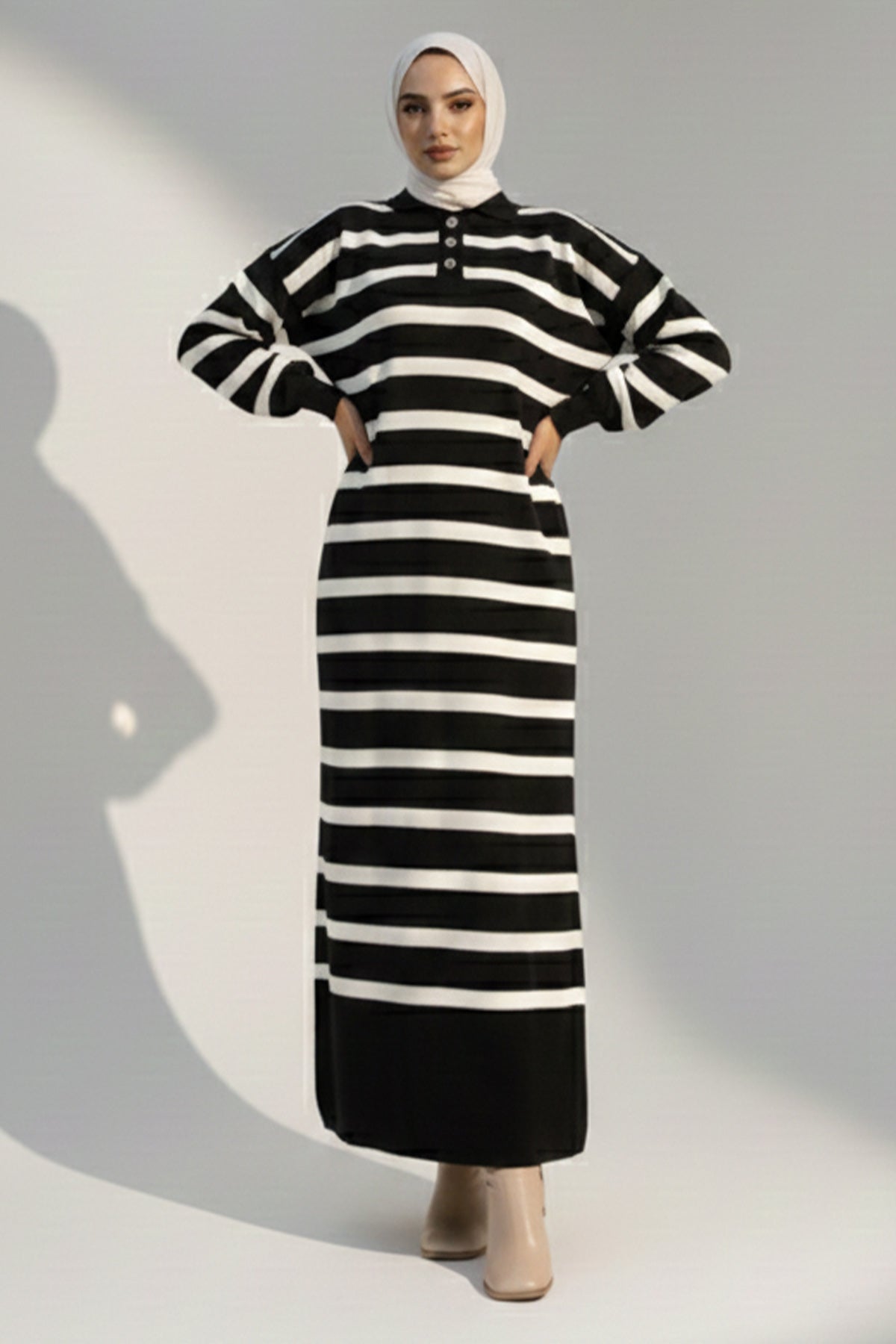 Mec Striped Knit Dress With Button Detail On The Collar