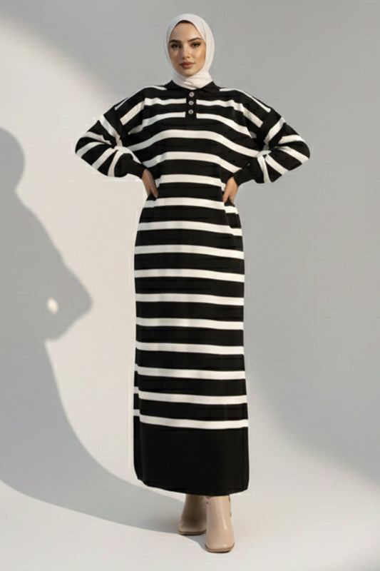 Mec Striped Knit Dress With Button Detail On The Collar