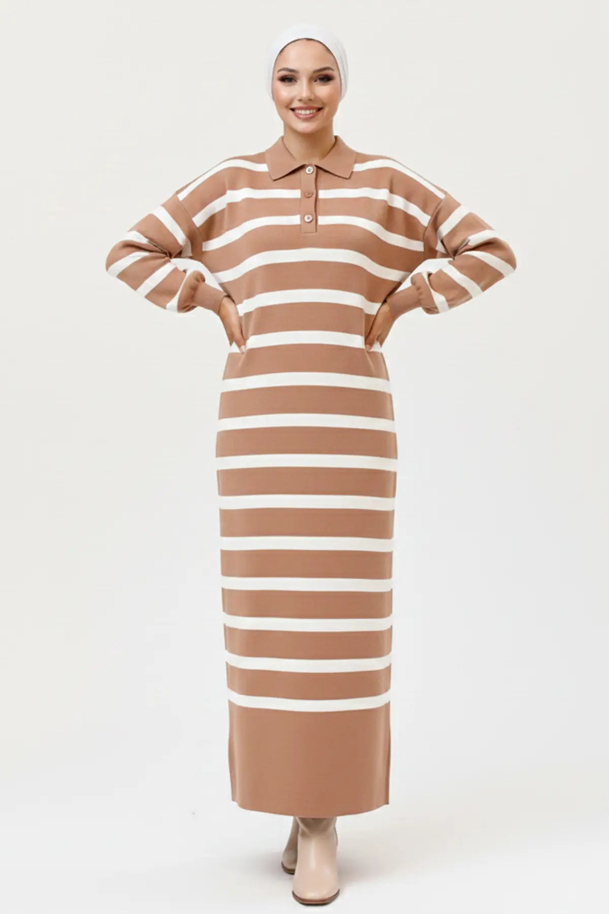 Mec Striped Knit Dress With Button Detail On The Collar