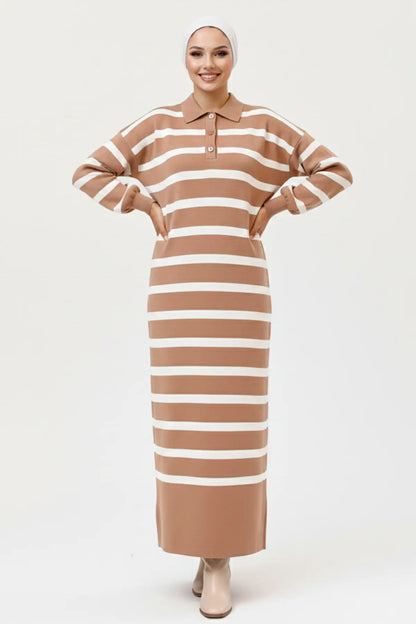 Mec Striped Knit Dress With Button Detail On The Collar