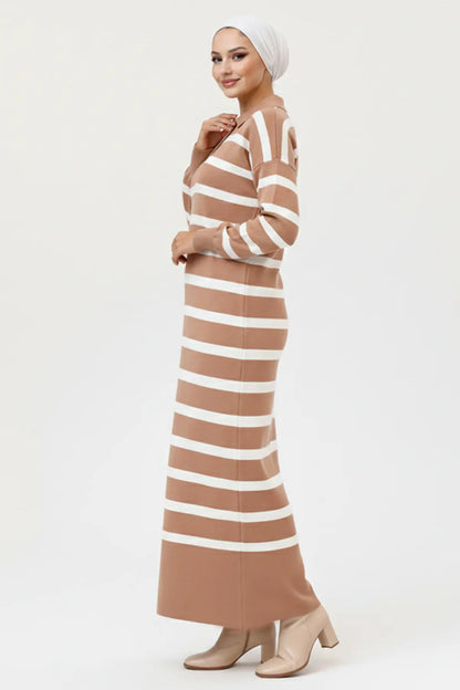 Mec Striped Knit Dress With Button Detail On The Collar