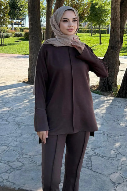 Two-piece Set With Stitching Detail | Brown – NEOMODEST product image 2